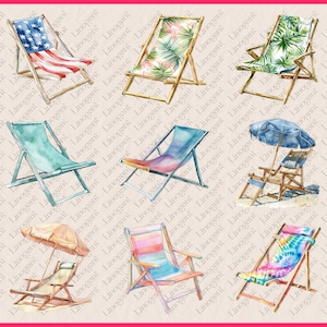 Watercolor Beach Chair Clipart Bundle, Sea Side Sunbed Clip Art Set ...