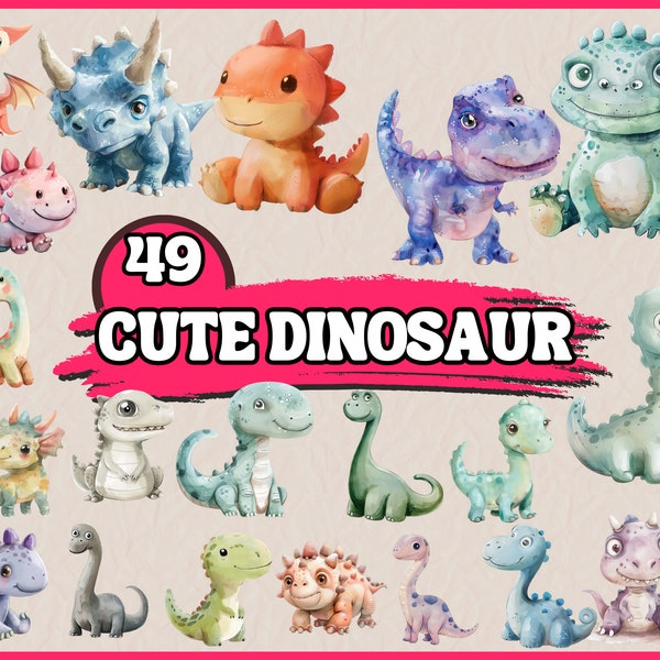 Watercolor Cute Dinosaur Clipart Bundle, Dino Nursery Decor Clip Art Set, Baby Shower PNG Graphics,  Digital Illustrations in Pastel Tones