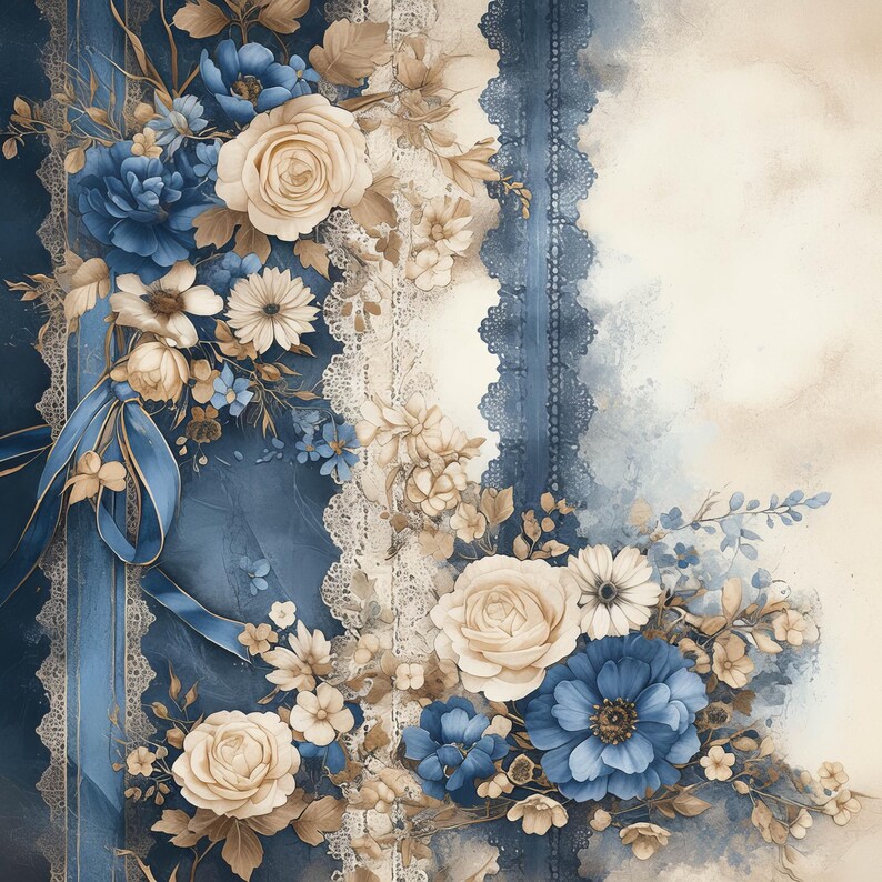 Blue Floral Lace Paper Clip Art Bundle 13 High Res Watercolor Jpgs for ...