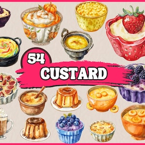 54 Custard Clipart | Słodkie ilustracje | Wydrukowalne akwarele z jedzeniem | Wysokiej jakości pliki PNG | Pobieranie cyfrowe | Rękodzieło papierowe | Dzienniki śmieci
