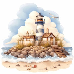 Rustic Lighthouse Clip Art 10 High Res Watercolor JPGs Junk Journals, Scrapbooking, Card Making, Digital Download, Fantasy, Whimsical, View