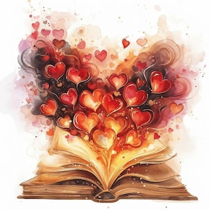 14 offenes Buch Herz und Rosen Clipart, Romantische literarische Szene Illustration, druckbare Aquarell Clipart, hochwertige JPG, Papiermodelle