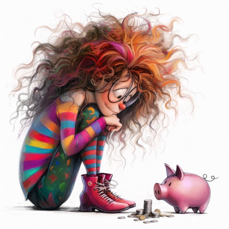 May include: A girl with long, curly red hair sits with her legs crossed, wearing a colorful striped shirt and red boots. She is looking down at a pink piggy bank and a pile of coins.