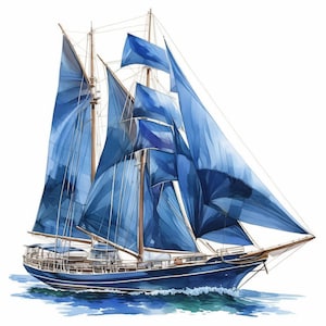 Blue Sailboat Clipart 8 High Res Watercolor JPGs for Junk Journals, Card Making, Digital Download, Paper Craft, Sea Fantasy, Whimsical Ship