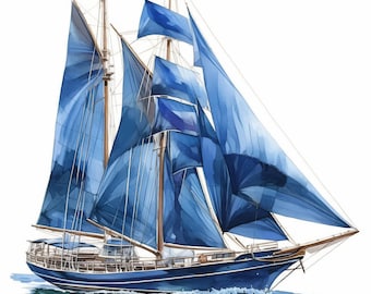Blue Sailboat Clipart 8 High Res Watercolor JPGs for Junk Journals, Card Making, Digital Download, Paper Craft, Sea Fantasy, Whimsical Ship