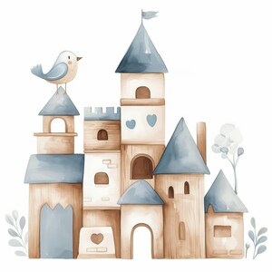 Puede incluir: Ilustración en acuarela de un castillo de juguete de madera con detalles azules. El castillo presenta torres, una bandera y recortes en forma de corazón. Un pájaro azul se posa en una torre, con colores suaves y apagados.