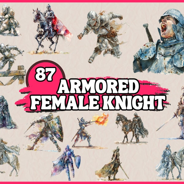 Watercolor Armored Female Knight Clipart Bundle, Fantasy Warrior Clip Art Set with Armor, Horse,Soldier, PNG Graphics, Medieval Illustration