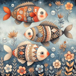 Può includere: Tre pesci ad acquerello con motivi intricati nuotano su uno sfondo blu stellato. I pesci sono arancioni, blu e neri con accenti bianchi. Lo sfondo è pieno di piccole stelle bianche e fiori.