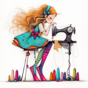 Quirky Sewing Clip Art 10 High Res Watercolor JPGs for Junk Journaling, Scrapbooking, Card Making, Digital Download, Fantasy, Whimsical Girl