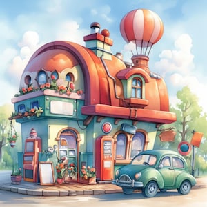 Whimsical Petrol Station Clip Art 12 High Res Watercolor JPGs for Junk Journaling, Scrapbooking, Card Making, Digital Download, Fantasy, Gas