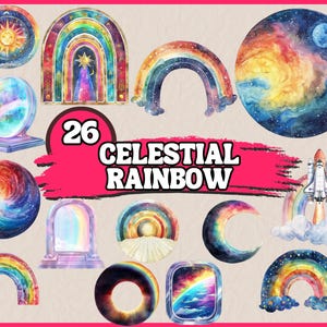 Puede incluir: Un conjunto de 26 ilustraciones de acuarela con arcoíris celestiales, estrellas, lunas y planetas. Las ilustraciones son perfectas para agregar un toque de fantasía y magia a cualquier proyecto.