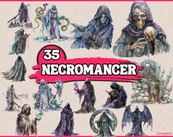 Op de afbeelding: Een digitale illustratie van 35 verschillende afbeeldingen van een necromancer, een magier die de doden kan controleren. De illustraties zijn in aquarelstijl en tonen verschillende poses en uitdrukkingen. De tekst "35 NECROMANCER" is geschreven in roze letters op een roze achtergrond.