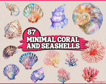 Pacchetto di clipart di coralli e conchiglie ad acquerello, sottomarino con barriere coralline, stelle marine, set di clipart di conchiglie, grafica PNG, animali sottomarini