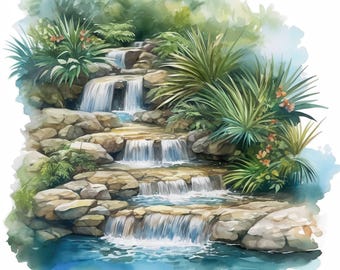 13 Waterfall Clipart Bundle, Serene Nature Scene Illustration, Printable Watercolor Clipart, High Quality JPG, Paper Craft, Junk Journals