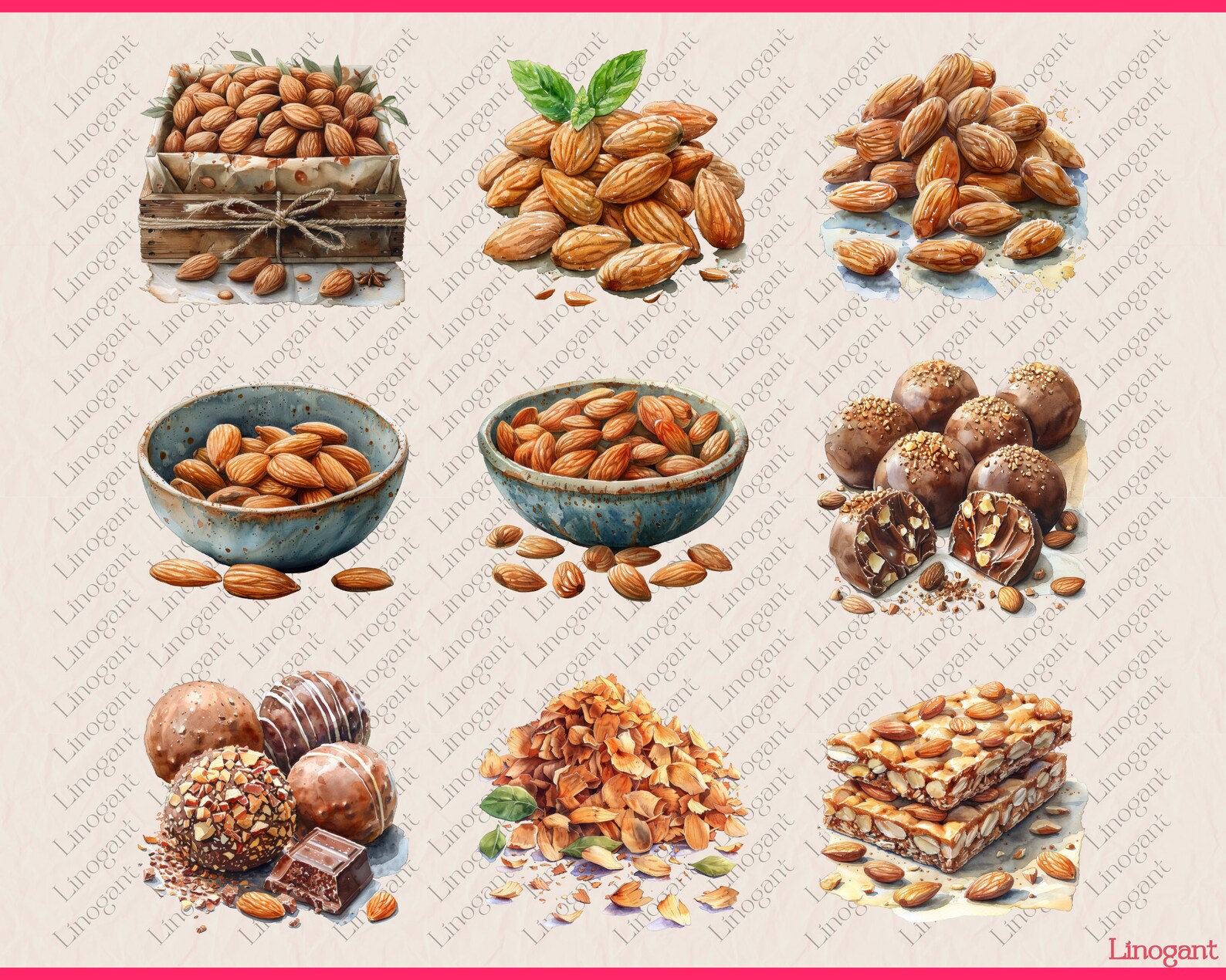 66 PNG Almond Clipart Bundle, Nuts Clip Art Set, Box, Sack, Bowl of ...