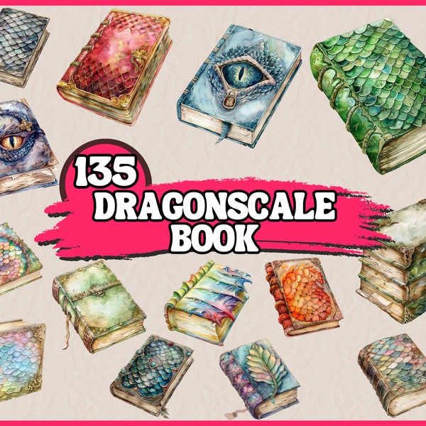 Watercolor Dragonscale Book Clipart Bundle, Grimoire Clip Art Set, Fantasy PNG Graphic, Dragon Tales Sheet Dragon Wizard's Book Illustration