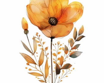 Op de afbeelding: Waterverfillustratie van een grote, oranje bloem met een donker centrum en delicate bloemblaadjes. De bloem wordt vergezeld door een knop en diverse bladeren en stelen in tinten oranje, bruin en groen, tegen een witte achtergrond.