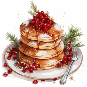 13 Breakfast Pancake Clipart Bundle, Cranberry and Syrup Pancake, Printable Watercolor Clipart, High Quality JPG, Paper Craft, Junk Journals