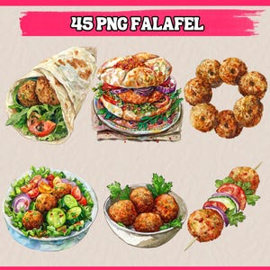 Puede incluir: Una ilustración de acuarela de 45 imágenes PNG de falafel. Las imágenes muestran falafel en varias formas, incluyendo un sándwich de falafel, un wrap de falafel, un tazón de ensalada de falafel y una brocheta de falafel con verduras.