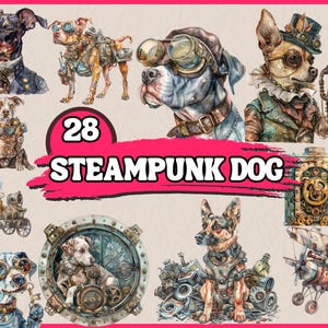 28 png steampunk hond clipart, aquarel steampunk puppy clipart, hondenrassen graphics, honden illustratie, instant download, commercieel gebruik