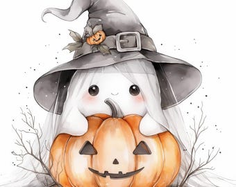 14 Halloween Ghost Clipart Bundle, Cute Spooky Character Illustration, Printable Watercolor Clipart, High Quality JPG, Paper Craft, Journals