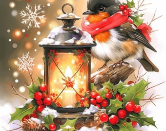 クリスマスランタンと鳥のクリップアート15点、クリスマスカード