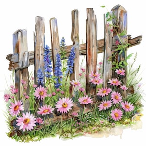 12 Spring Fence Clipart Bundle, Watercolor Garden Illustration, Printable Watercolor Clipart, High Quality JPG, Paper Craft, Junk Journals