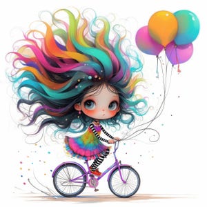 Cartoon Girl Riding Bike Clip Art 10 High Res Watercolor JPGs Junk Journals, Scrapbooking, Card Making, Digital Download, Fantasy, Quirky
