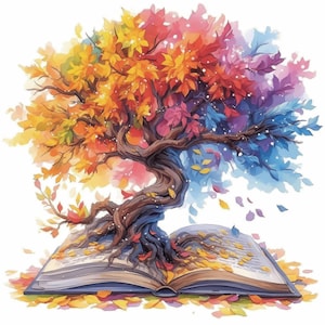 May include: Watercolor illustration of a tree with a brown trunk and branches, vibrant leaves in shades of yellow, orange, red, pink, purple, and blue. The tree is growing out of an open book, with scattered leaves around it.