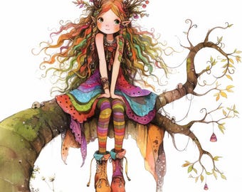 Whimsical Forest Elf Clip Art 11 High Res Watercolor JPGs For Junk Journaling, Scrapbooking, Card Making, Digital Download, Fantasy, Quirky