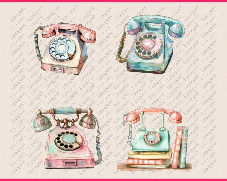Watercolor Retro Rotary Phone Clipart, Nostalgic Phone Clip Art Set ...