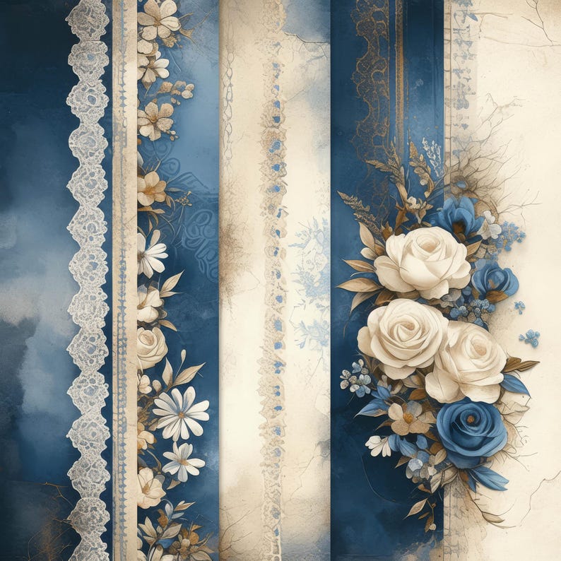 Blue Floral Lace Paper Clip Art Bundle 13 High Res Watercolor Jpgs for ...