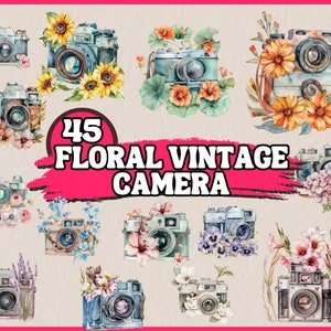 水彩花柄ビンテージカメラ クリップアート バンドル、花の写真機 クリップアート セット、パステル トーンの PNG グラフィック、デジタル装飾のダウンロード