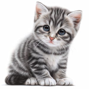 May include: A digitally rendered image of a gray and white tabby kitten with large blue eyes. The kitten is sitting and looking towards the viewer. The kitten has a pink nose and white whiskers.