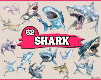Watercolor Sharks Clipart | Great White Shark, Tiger Shark, Bull Shark, Sand Shark, Attack Bite, Wild Sea Animal | Download & Commercial Use