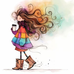 Whimsical Coffee Girl Clip Art 10 High Res Watercolor JPGs Junk Journaling, Scrapbooking, Card Making, Digital Download, Fantasy, Quirky