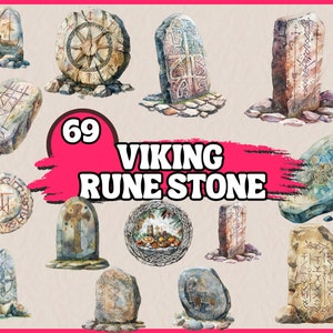 Könnte beinhalten: Eine Sammlung von 69 Aquarell-Illustrationen von Wikinger-Runensteinen. Die Steine sind in verschiedenen Formen und Größen, mit aufwendigen Schnitzereien von Runen und anderen Symbolen. Die Steine sind vor einem rosa Hintergrund mit dem Text "Viking Rune Stone" in Weiß angeordnet.