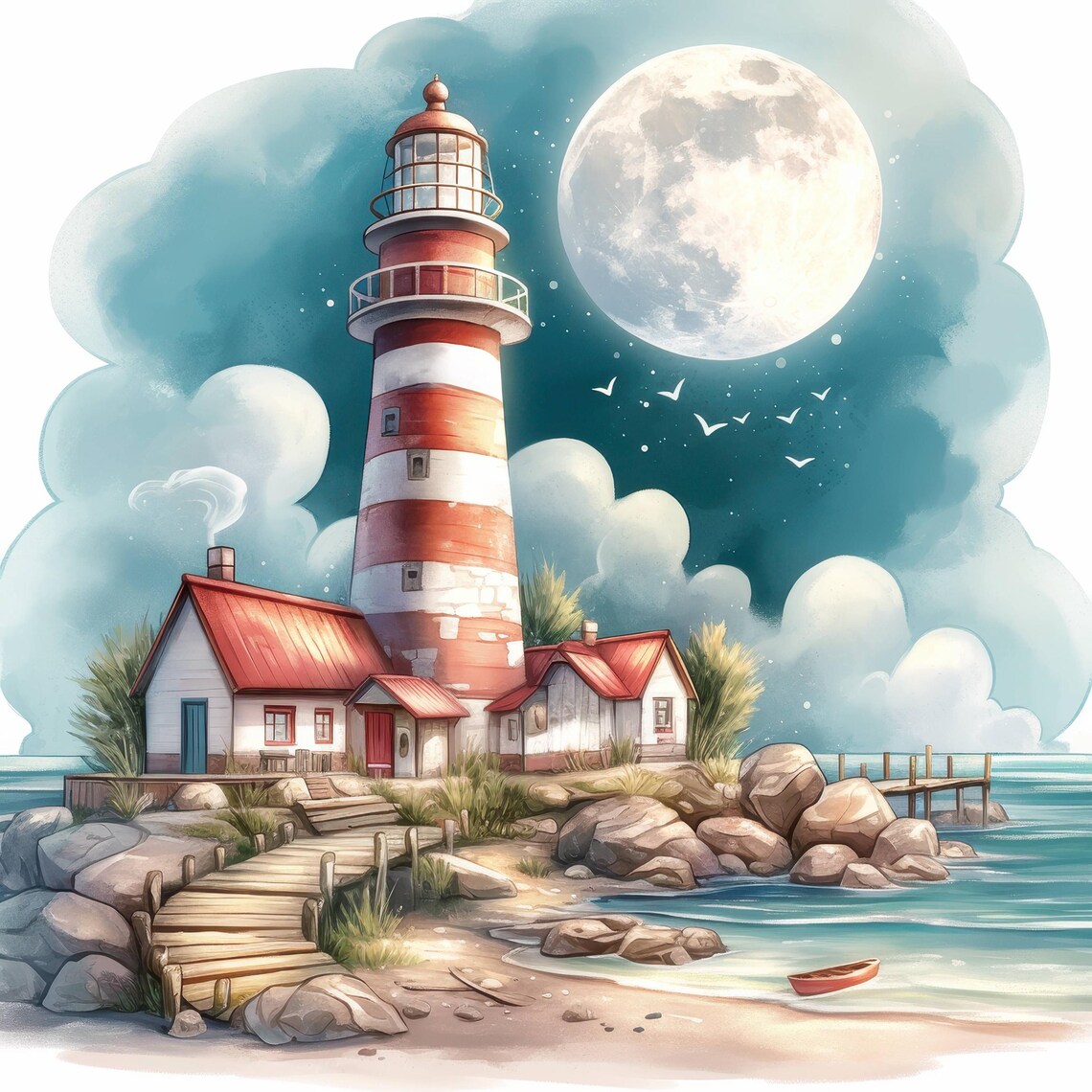 Moonlit Coastal Lighthouse Clip Art 10 High Res Watercolor Jpgs Junk ...