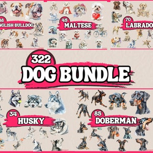 Aquarel hond clipart bundel, Maltees, dobermann, bulldog, husky, labrador hondenras Clip Art Set, dierenafbeelding png-afbeelding, portret hond