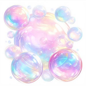Puede incluir: Ilustración de varias burbujas iridiscentes de diferentes tamaños sobre un fondo blanco. Las burbujas reflejan un espectro de colores, incluyendo rosa, morado, azul y amarillo, creando un efecto onírico y etéreo. Las burbujas parecen translúcidas y brillantes.