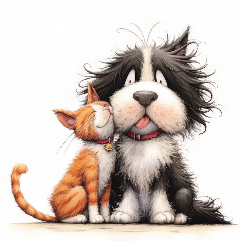Op de afbeelding: Een zwart-witte hond met een rode halsband zit naast een oranje-witte kat met een gele halsband. De hond heeft zijn tong uitgestoken en de kat kijkt naar de hond.