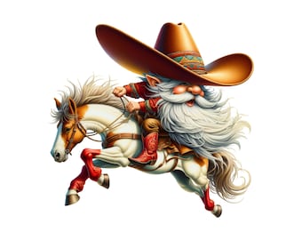 May include: A whimsical illustration of a gnome wearing a wide-brimmed brown cowboy hat and riding a white and brown horse. The gnome has a long white beard and is wearing a red shirt and brown pants.