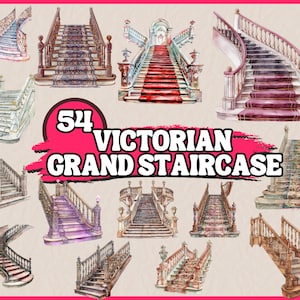 May include: 54 Victorian Grand Staircase watercolor illustrations. The illustrations feature various styles of grand staircases with intricate details, including ornate railings, patterned carpets, and decorative elements.