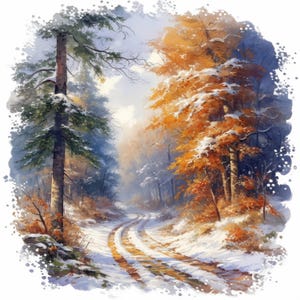 Peut inclure: Une peinture à l'aquarelle d'un chemin forestier enneigé serpentant à travers les arbres. Les arbres présentent un mélange de feuillage vert, orange et brun, avec des plaques de neige. L'œuvre évoque un paysage hivernal serein.