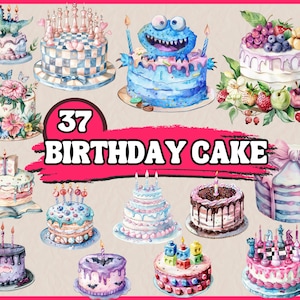 37 PNG Gâteau d'anniversaire avec un dinosaure mignon, un jeu d'échecs, une bougie, une balle, un château, un ruban Clipart | Illustration de gâteau fantaisie aquarelle | Utilisation commerciale