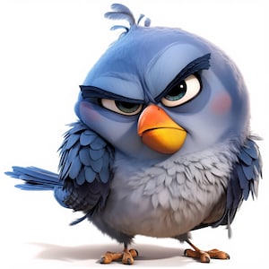 May include: A cartoon illustration of a blue bird with an angry expression. The bird has a large head, a yellow beak, and dark eyebrows. Its feathers are various shades of blue and gray, and it has a small tuft of feathers on its head.