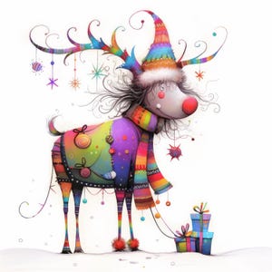 Quirky Reindeer Fantasy Clip Art 11 High Res Watercolor JPGs Junk Journals, Scrapbook, Card Making, Digital Download, Whimsical, Christmas