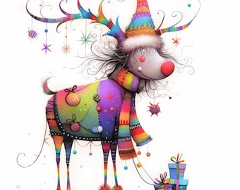 Op de afbeelding: Een kleurrijk, grillig rendier met een patchworkjas, een regenboog-sjaal en een feestelijke hoed trekt een stapel ingepakte cadeaus. Het rendier heeft een rode neus en is omringd door glinsterende ornamenten.