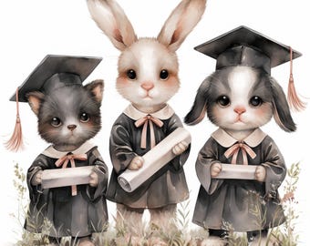 11 Graduation Animal Clipart Bundle, Grad Friends Illustration, Printable Watercolor Clipart, High Quality JPG, Paper Craft, Junk Journals