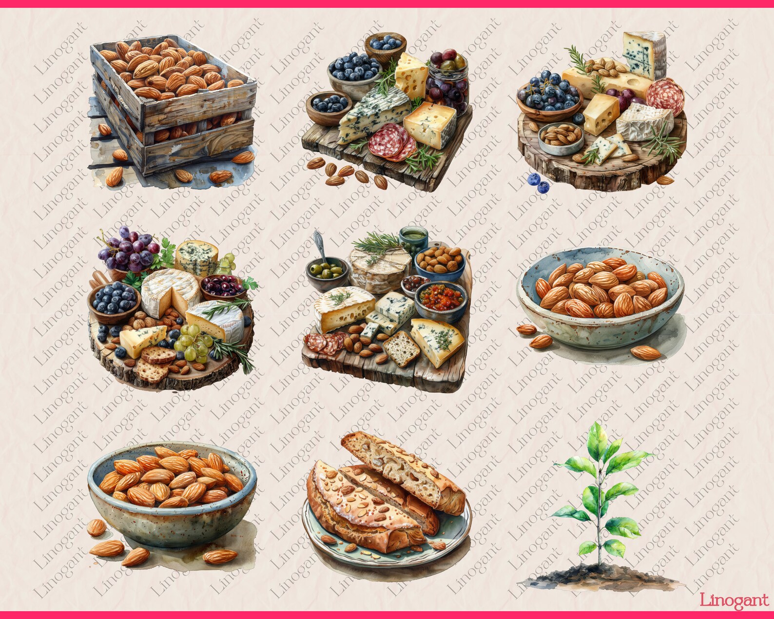 66 PNG Almond Clipart Bundle, Nuts Clip Art Set, Box, Sack, Bowl of ...